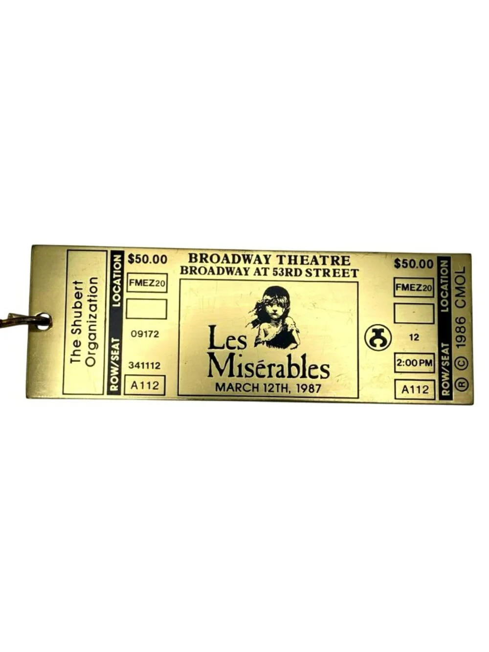 Vintage Les Miserables Les Mis 1987 Broadway Ticket Keychain Opening Night Brass